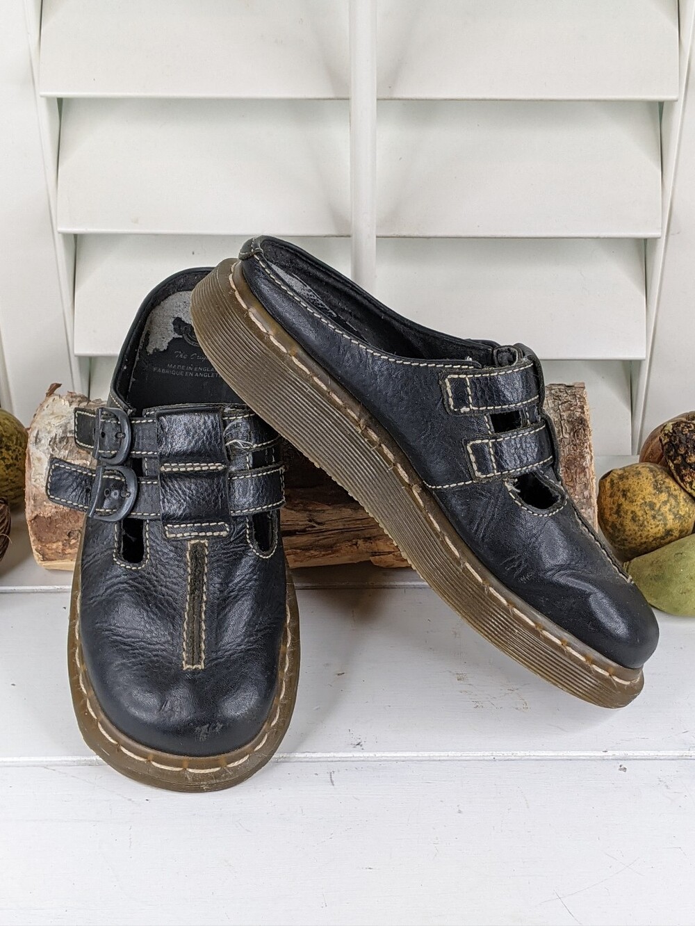 Dr. Martens 3A23 Vintage Black Leather Double Buckle Chunky Platform Mules Clogs